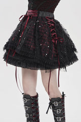 Black/Red Multi-Layered Lace Lace-Up Women's Gothic Skirt - Product - 7