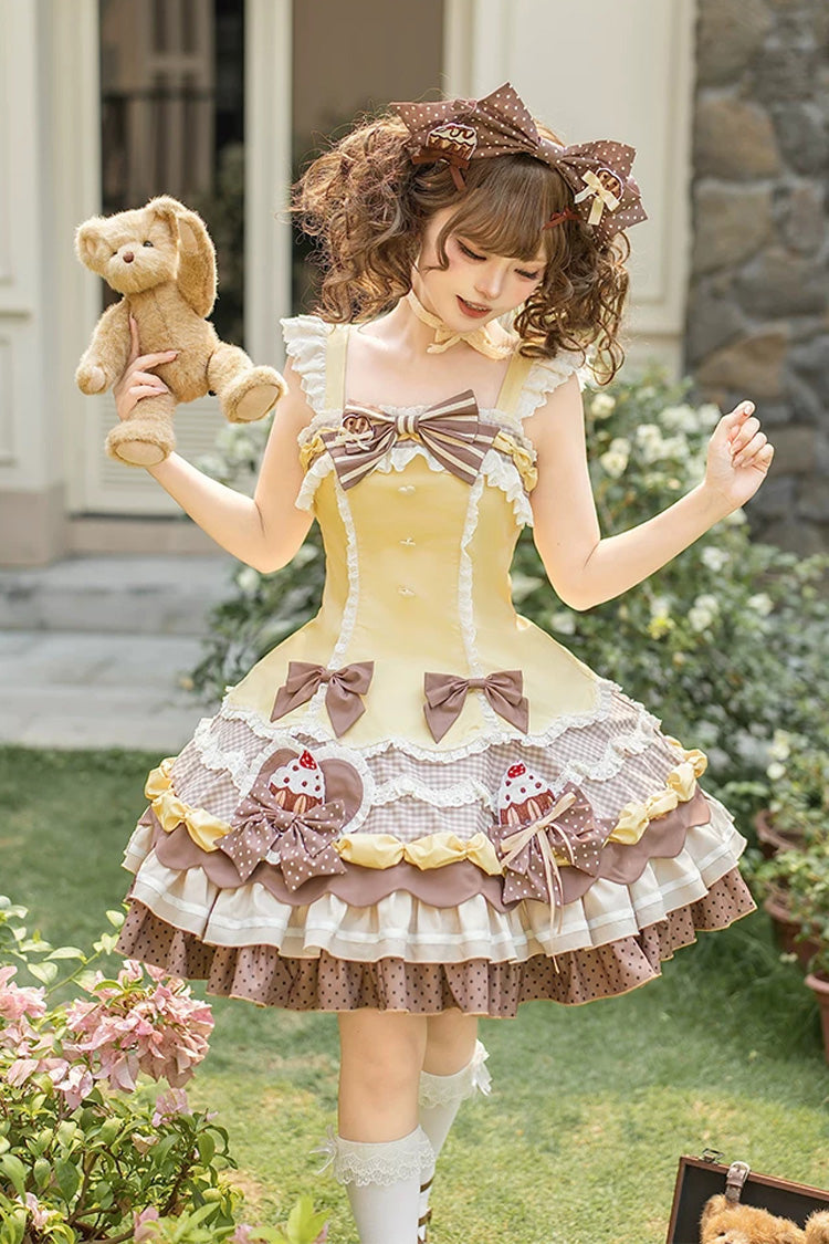 Yellow/Brown [Polka Dot Cake] Multi-Layered Printed Ruffled Bow Sweet Lolita JSK Dress - Yellow/Brown - 1