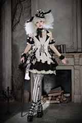 Black/White [Candy Cane] Sleeveless Printed Ruffled Bow Gothic Lolita Skirt Full Set - Product - 8
