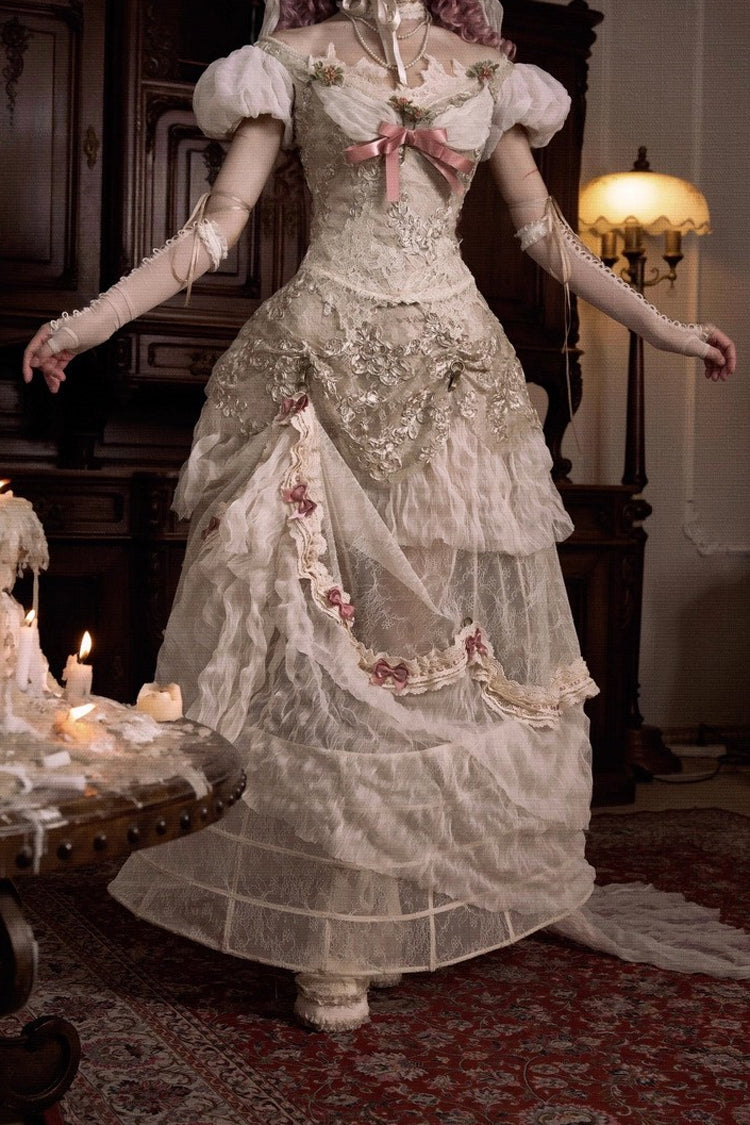 Light Brown [Cupid’s Poetry Box] Boat Neck Short Puff Sleeves Ruffled Cut-Out Embroidered Bow Lace Gothic Elegant Lolita Skirt Dress and Top Set - Product - 9