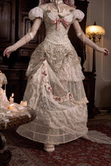 Light Brown [Cupid’s Poetry Box] Boat Neck Short Puff Sleeves Ruffled Cut-Out Embroidered Bow Lace Gothic Elegant Lolita Skirt Dress and Top Set - Product - 9