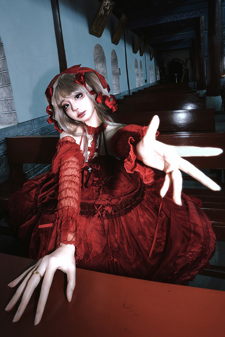 Wine Red Cross Halterneck Ruffle Bowknot Lace Lace-Up Princess Gothic Lolita Dress - Product - 8