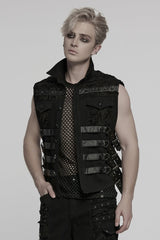 Black Stitching Mesh Rivet Buckle Men's Punk Vest - Product - 2