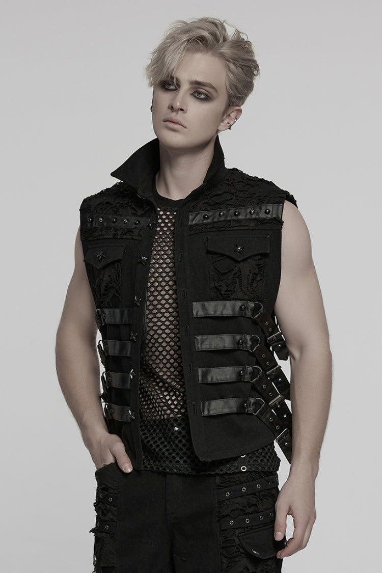 Black Stitching Mesh Rivet Buckle Men's Punk Vest - Product - 2