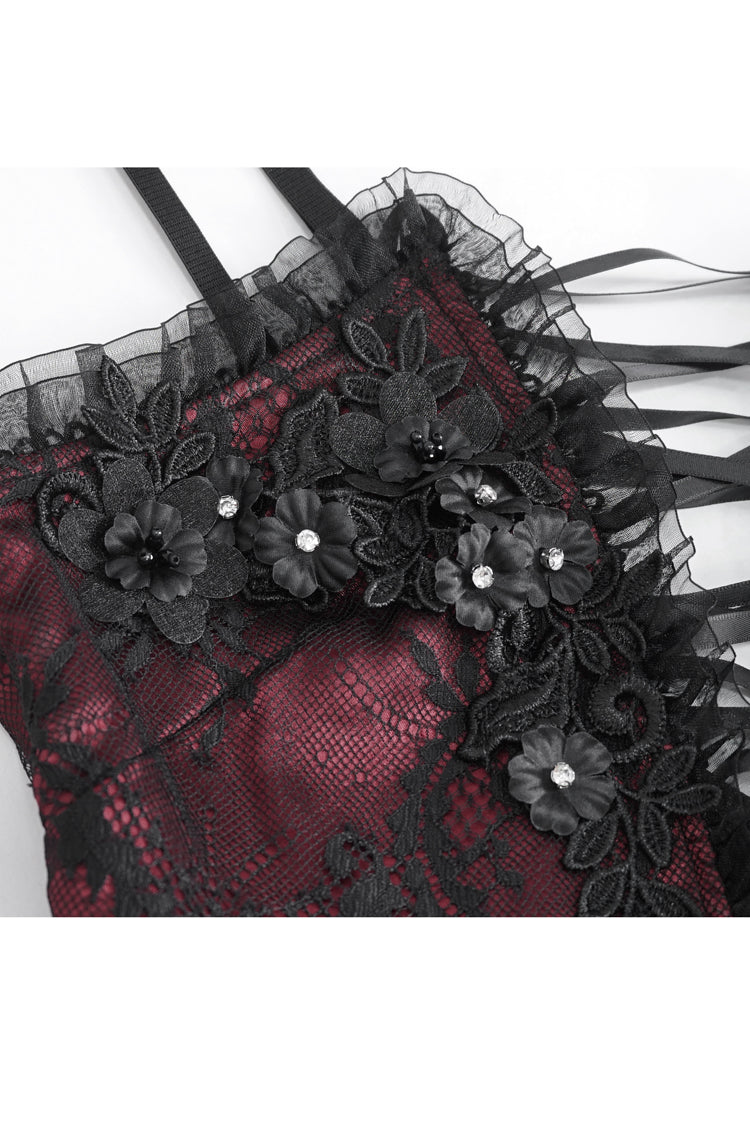 Red Embroidery Stitching Lace Lace-Up Women's Gothic Blouse - Product - 10
