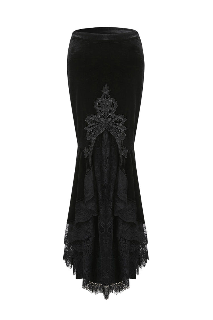 Black Velour Lace Spliced Women's Gothic Mermaid Maxi Skirt - Product - 3