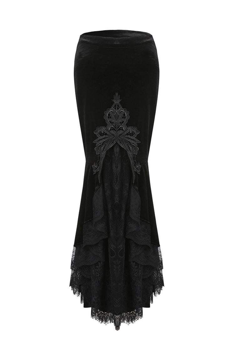 Black Velour Lace Spliced Women's Gothic Mermaid Maxi Skirt - Product - 3
