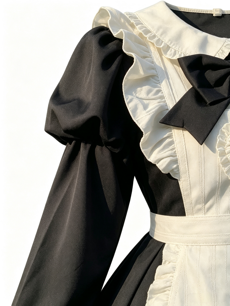 Black Cream Ruffled Maid Style Dress Vintage Lolita Long Sleeve Outfit - view 3