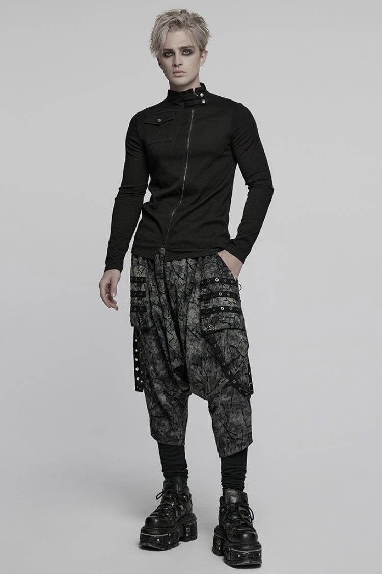 Black Stand Collar Long Sleeves Asymmetric Zipper Men's Punk Blouse - Product - 4