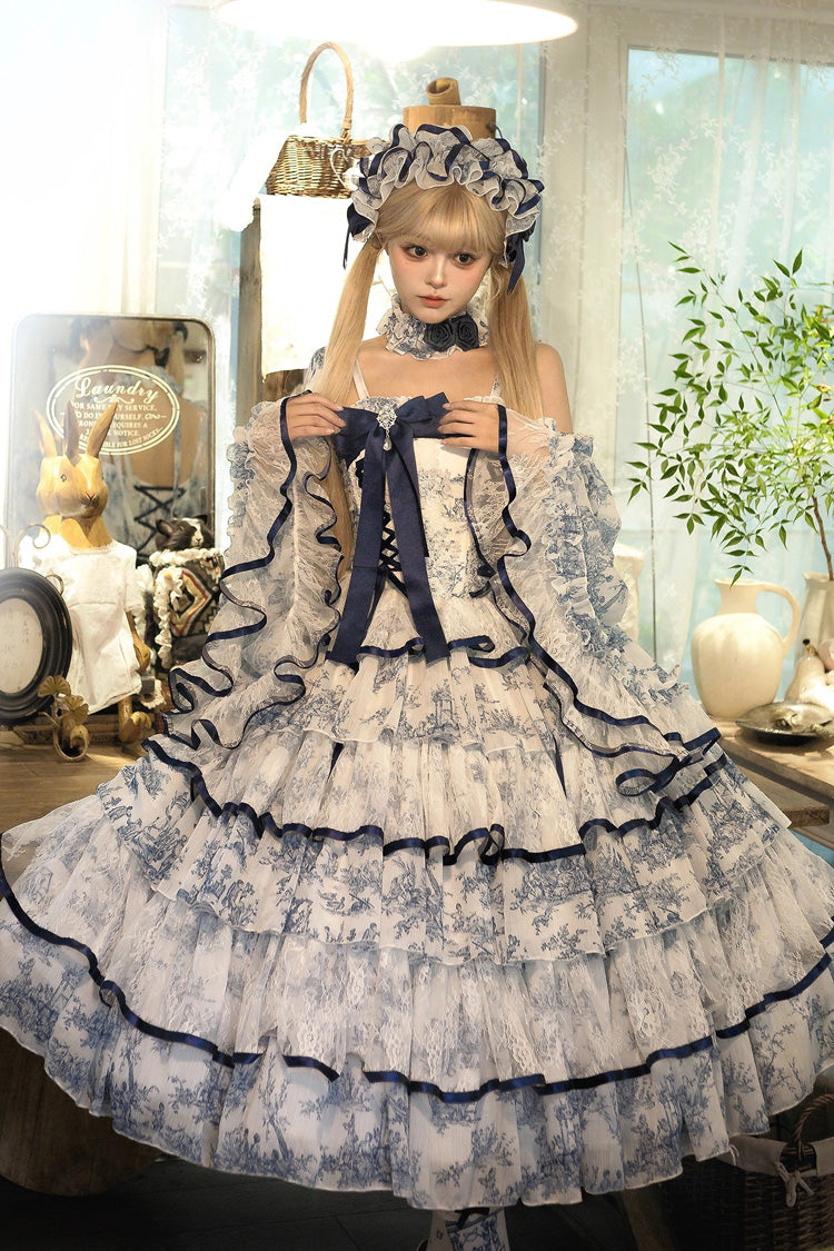 Blue/White Sleeveless Multi-Layered Print Bowknot Fishbone Sweet Classic Chinese Style Lolita Jsk Long Dress - Product - 9