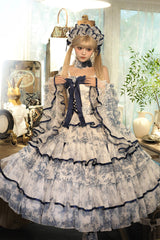 Blue/White Sleeveless Multi-Layered Print Bowknot Fishbone Sweet Classic Chinese Style Lolita Jsk Long Dress - Product - 9