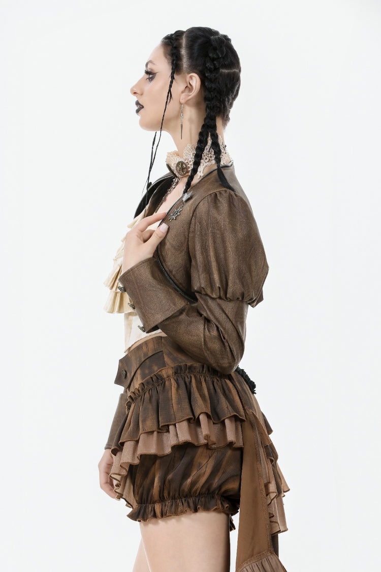 Brown Long Puff Sleeves Zippered Metal-Accented Women's Steampunk Vintage Wrap - Product - 7