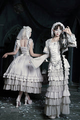 Solid Color [Bionic Doll] Square Collar Multi-Layered Ruffle Bowknot Lace-Up Gothic Lolita Fishtail Skirt Corset Set - Product - 24