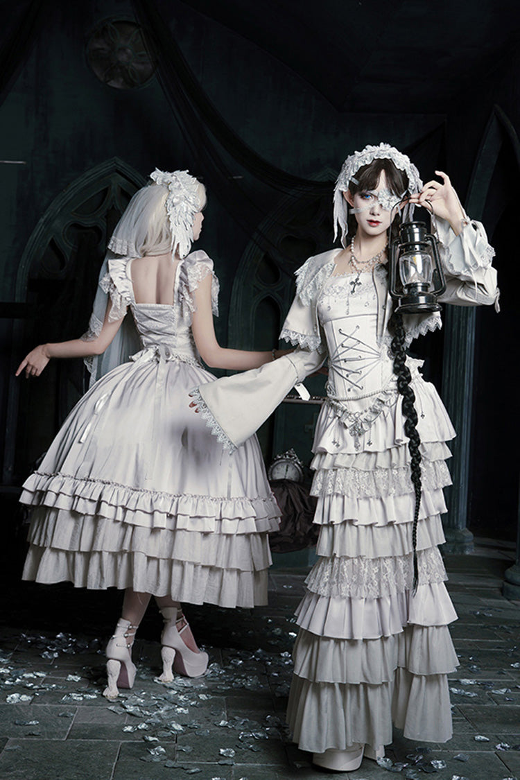 Solid Color [Bionic Doll] Square Collar Multi-Layered Ruffle Bowknot Lace-Up Gothic Lolita Fishtail Skirt Corset Set - Product - 24