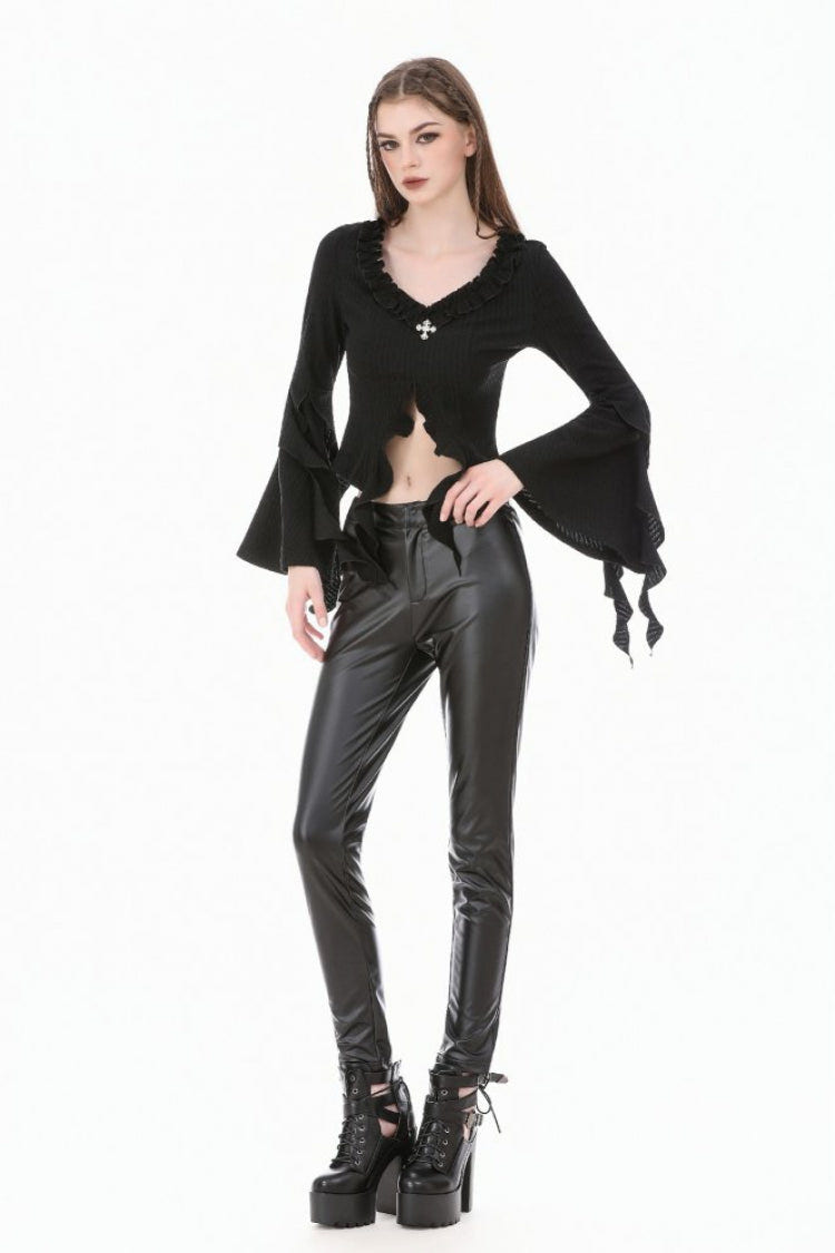 Black Cross Ruffled V Collar Irregular Split Long Trumpet Sleeves Women's Gothic Crop Top with Streamer - Product - 6
