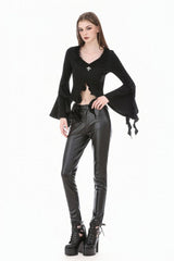 Black Cross Ruffled V Collar Irregular Split Long Trumpet Sleeves Women's Gothic Crop Top with Streamer - Product - 6