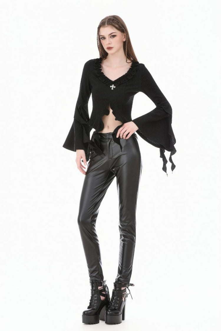 Black Cross Ruffled V Collar Irregular Split Long Trumpet Sleeves Women's Gothic Crop Top with Streamer - Product - 6