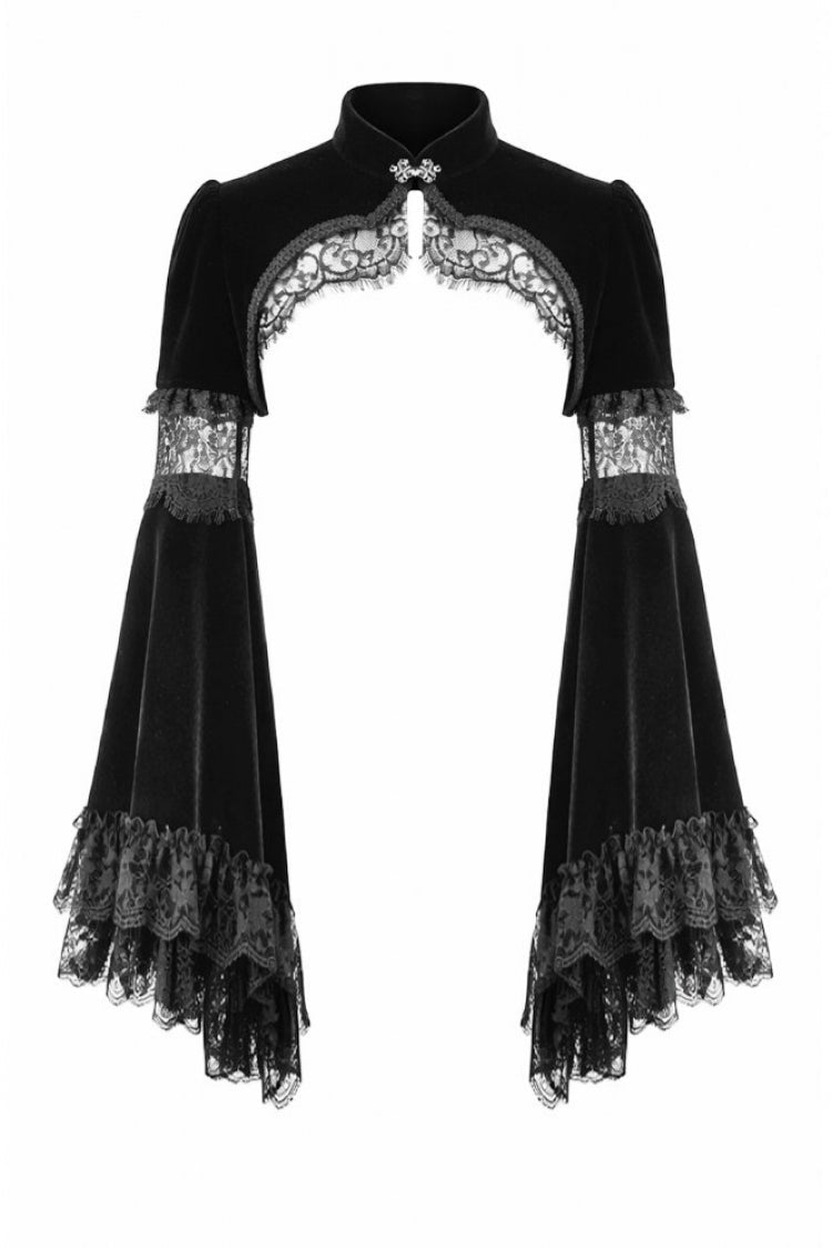 Black Keyhole Mandarin Collar Long Flare Sleeves Velvet Splice Lace Women's Gothic Shrug - Product - 3