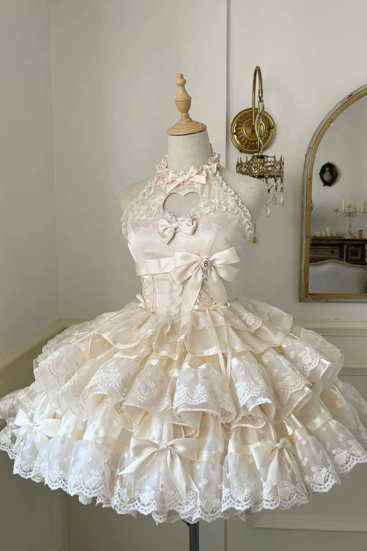 Apricot Heartbeat Multi-Layered Ruffle Heart Shape Hollow Bowknot Sweet Ballet Lolita Dress - Apricot - 1