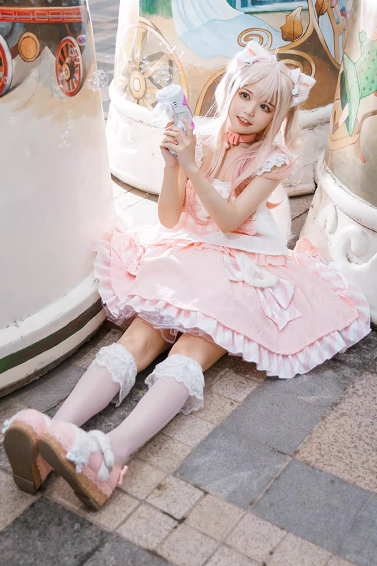 Pink [Miss Meow] Print Ruffle Bowknot Sweet Lolita Skirt Set - Product - 2