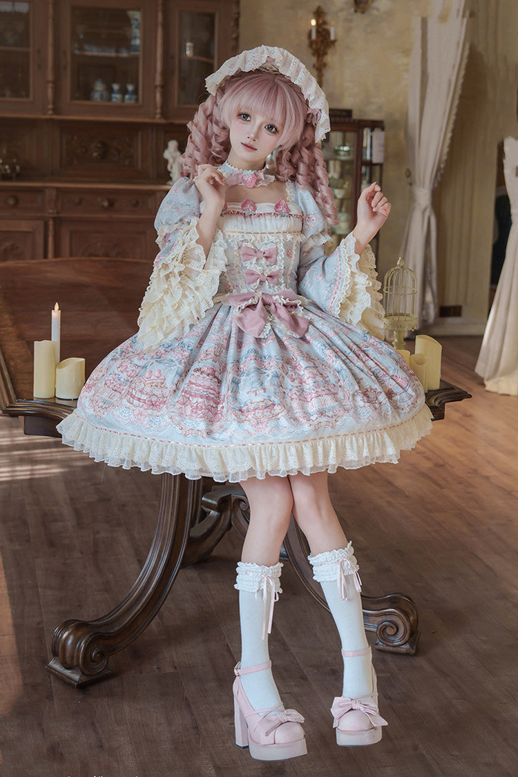 Blue/Pink [Victoria Cake] Square Collar Long Trumpet Sleeves Jacquard Printed Ruffled Bow Lace Sweet Lolita Dress - Product - 4