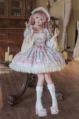 Blue/Pink [Victoria Cake] Square Collar Long Trumpet Sleeves Jacquard Printed Ruffled Bow Lace Sweet Lolita Dress - Product - 4