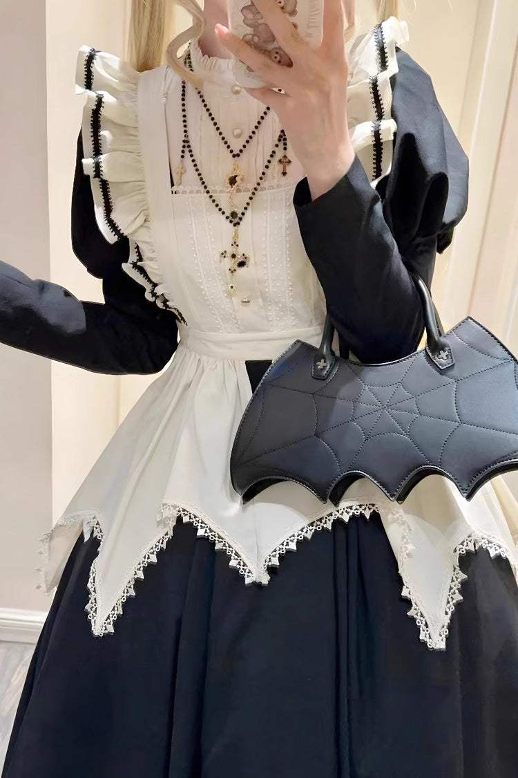 Black/White Nun Style Maid Long Puff Sleeves Slim Gothic Lolita Dress - Product - 2