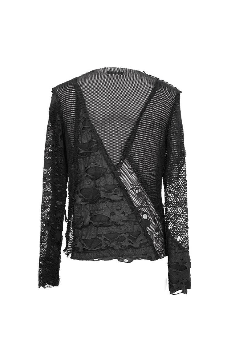 Black A Variety Of Mesh Materials Stitching Unedged Broken Holes Round Collar Men's Punk T-Shirt - Product - 7