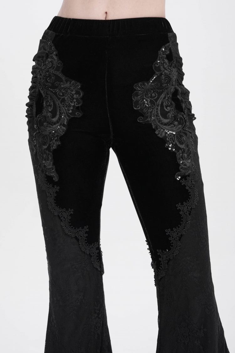 Black Floral Embroidery Stitching Lace Women's Gothic Pants - Product - 12