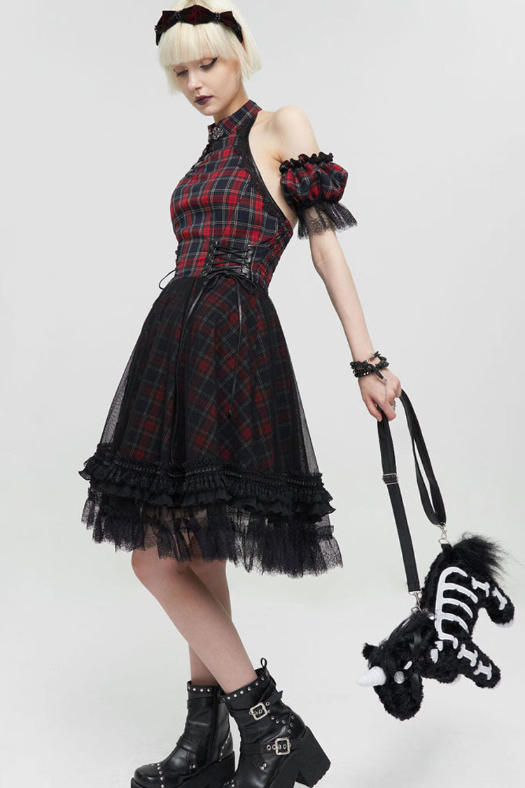 Black/Red Punk Off The Shoulder Plaid Chinese Style Cheongsam Collar Oversized Hem Women's Dress - Product - 2