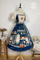 Dark Blue [Tea Party] Print Ruffle Bowknot Lace Sweet Elegant Lolita Jsk Dress - Product - 11