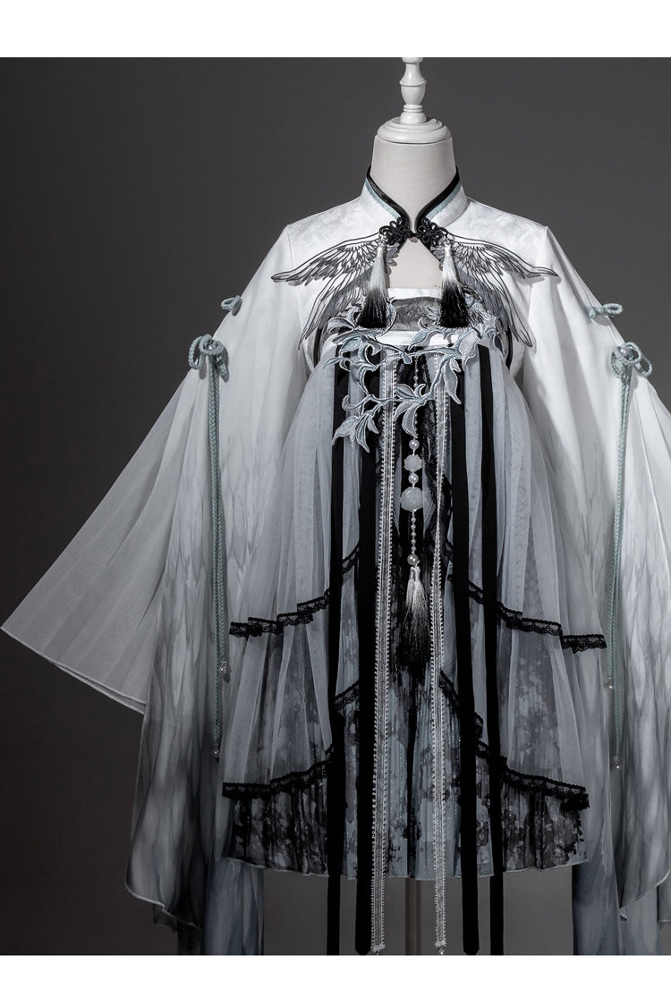 Black/White [Magpie Feather] High Waisted Printed Women's Classic Chinese Style Hanfu Dress Set - Product - 4