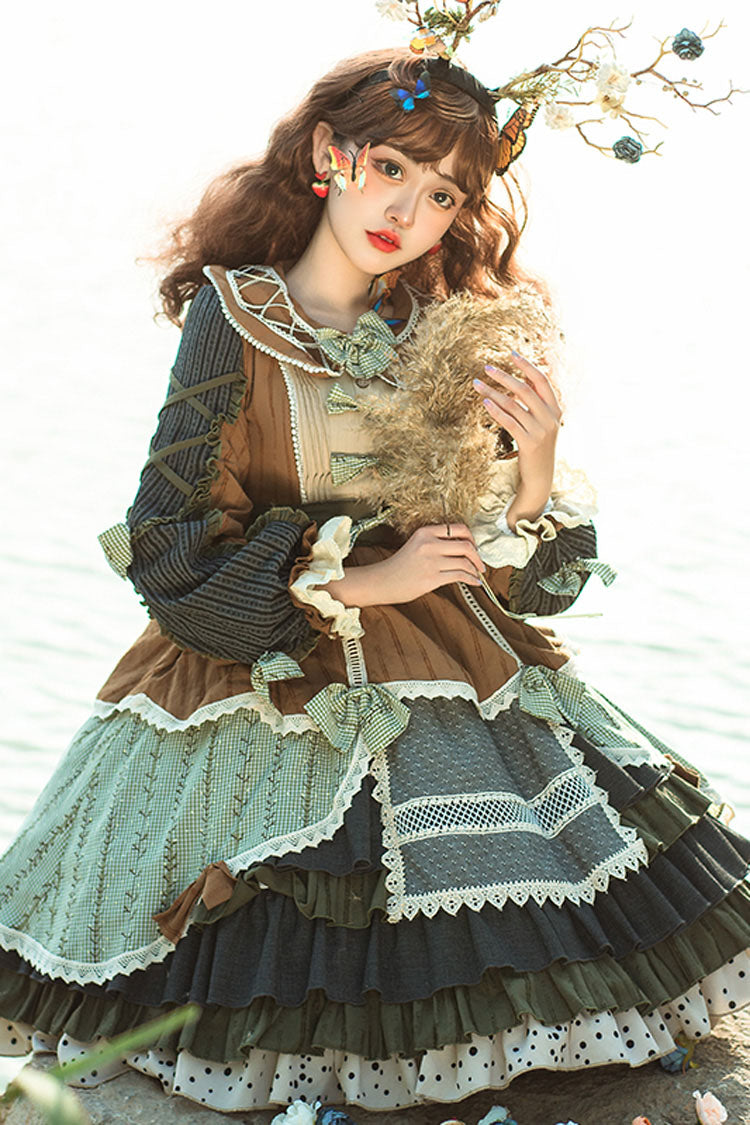 Multi-Color Retro Pastoral Style Stitching Color Ruffled Tiered Classic Lolita Op Dress (Belt is included) - Product - 3