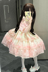 Pink Print Embroidery Bowknot Lace Sweet Princess Lolita Jsk Dress - Product - 2