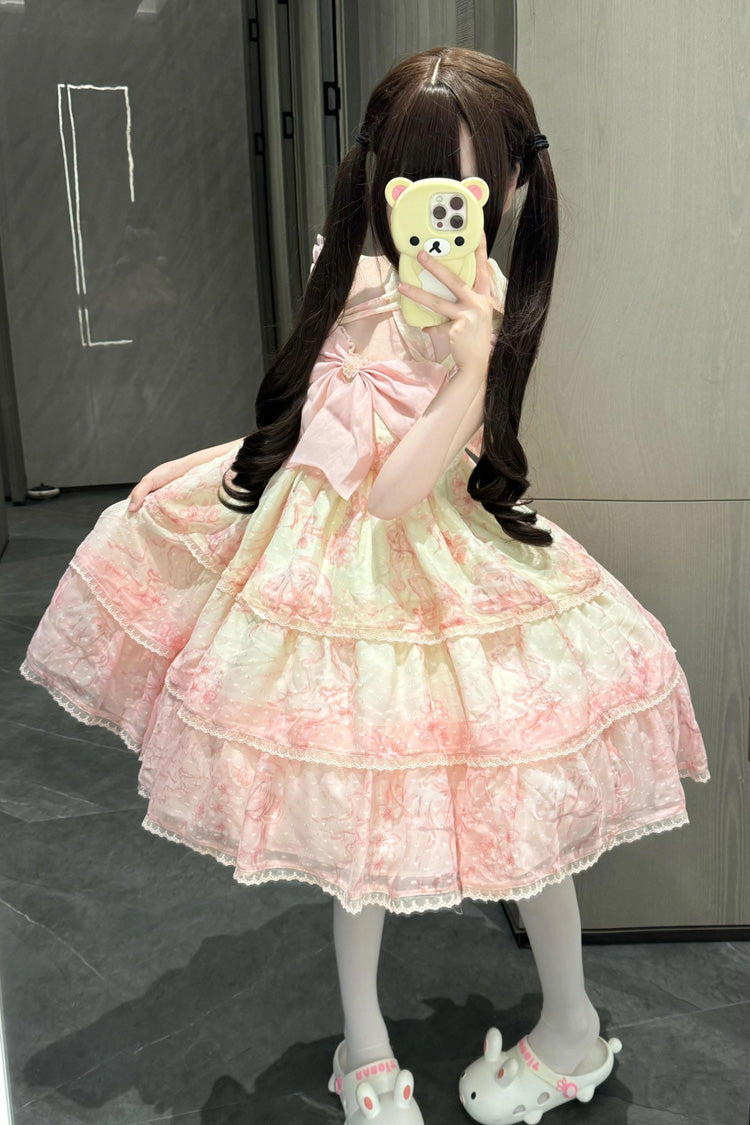 Pink Print Embroidery Bowknot Lace Sweet Princess Lolita Jsk Dress - Product - 2
