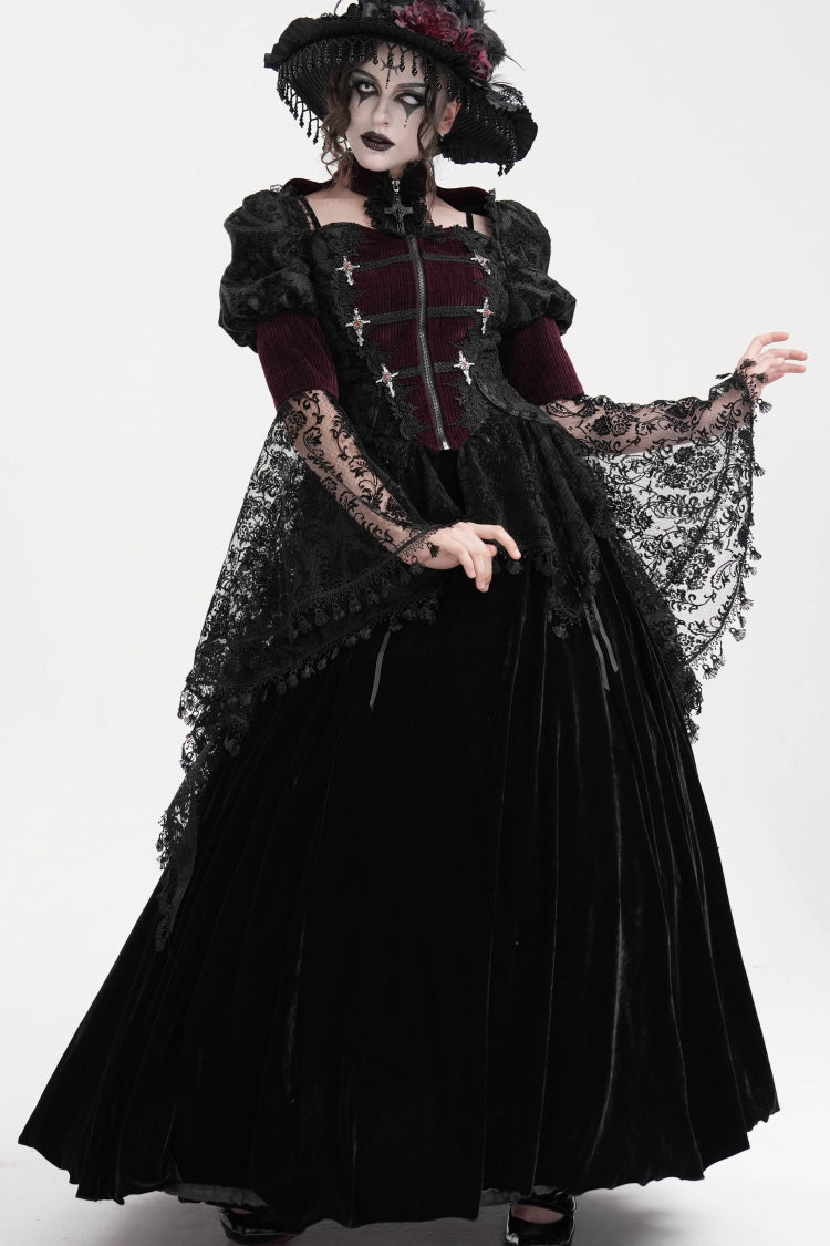 Wine Red Long Sleeves Hollow Lace Tassels Women's Gothic Jacket - Product - 4