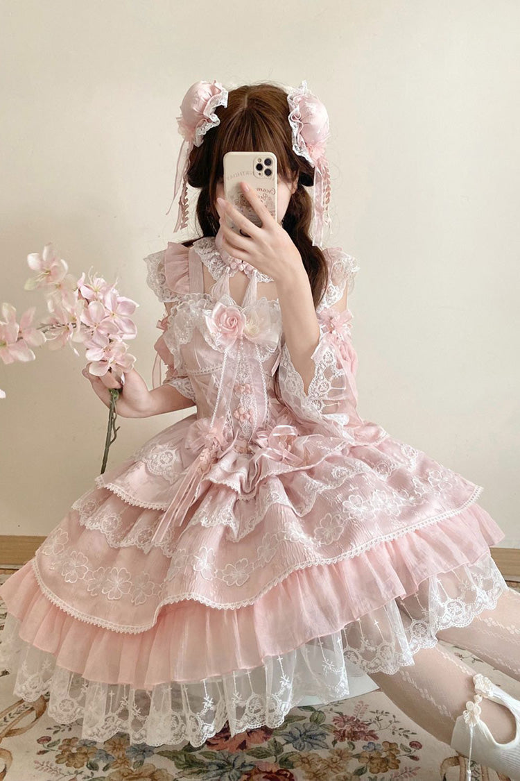 Pink [Rain of Peaches] Sleeveless Multi-Layered Bowknot Lace Sweet Chinese Style Lolita Jsk Dress - Product - 4