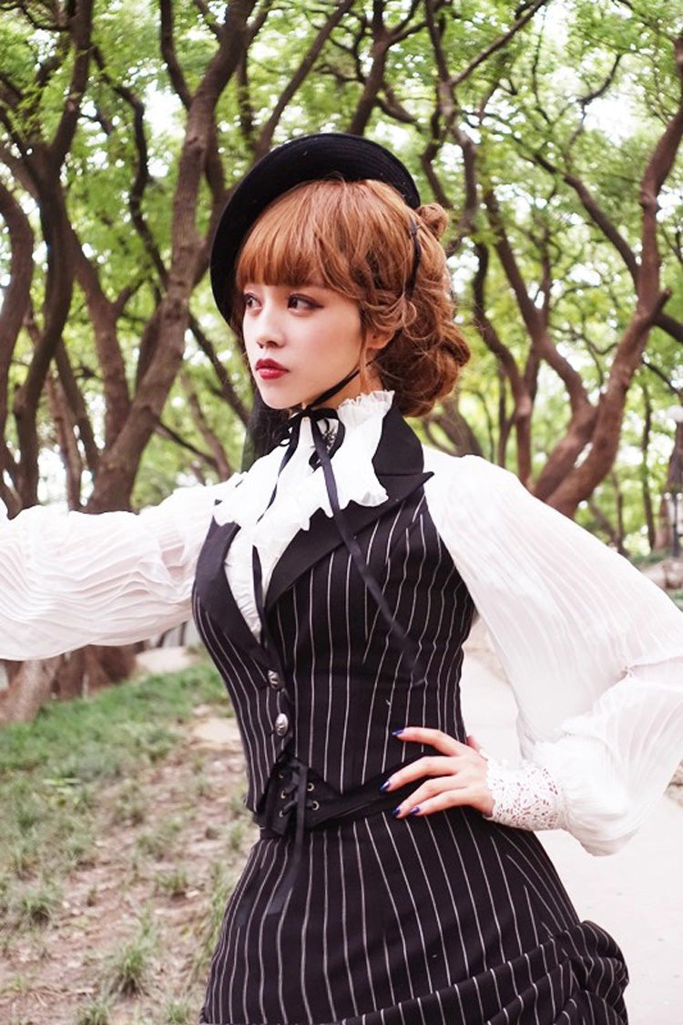 Black V Collar Stripe Print Classic College Style Elegant Lolita Vest - Product - 2