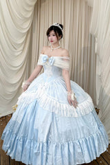 Blue [Midnight Magic at Twelve] Sleeveless Ruffled Hanayome Bow Lace Pearl-Decorated Princess Sweet Lolita Dress - Blue - 1