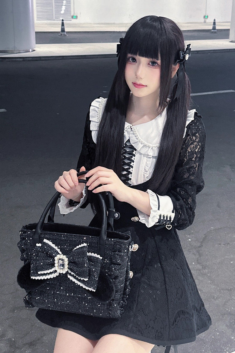 Sweet Ruffle Bowknot Zipper Pearl Chain Japanese Lolita Handbag 4 Colors - Product - 2