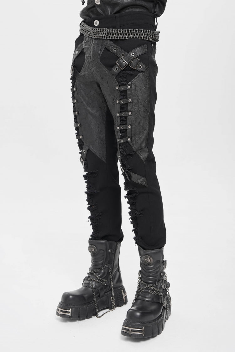 Black Ripped Buckle Straps Men's Punk Pants - Product - 6