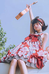 Detachable Shoulder Strap & Bowknot Print Stitching Ruffled Sweet Lolita Jsk Dress - Product - 4