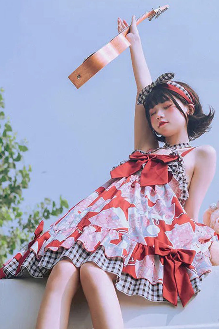 Detachable Shoulder Strap & Bowknot Print Stitching Ruffled Sweet Lolita Jsk Dress - Product - 4