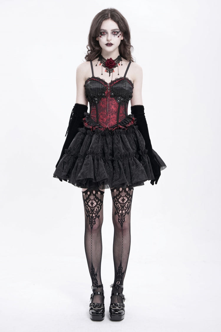 Red Sleeveless Ruffle Embroidery Lace-Up Women's Gothic Tank Top - Product - 9
