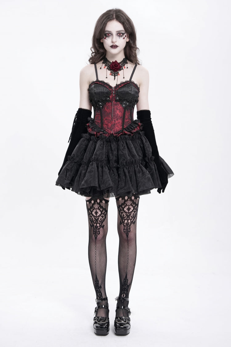 Red Sleeveless Ruffle Embroidery Lace-Up Women's Gothic Tank Top - Product - 9