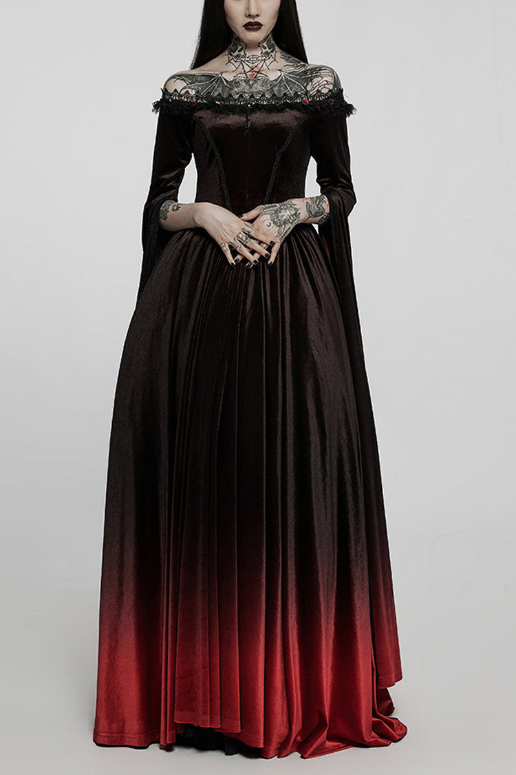 Black/Red Off Shoulder Long Trumpet Sleeves Gradient Lace Women's Gothic Dress - Black/Red - 1