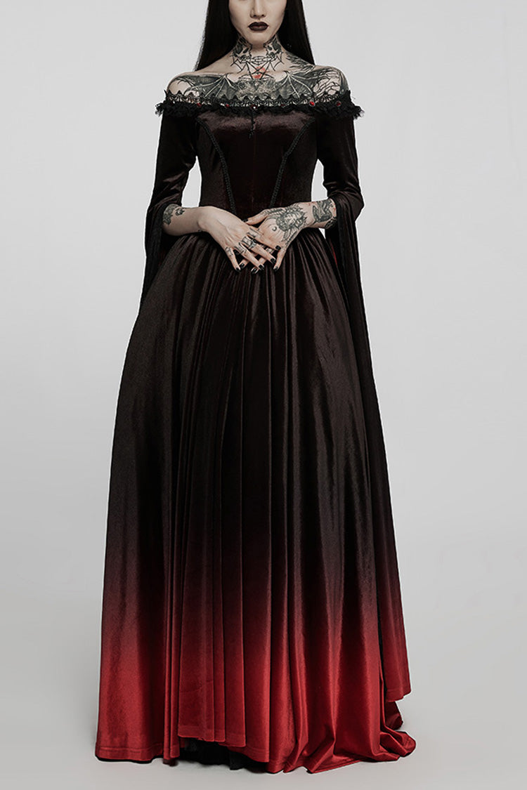 Black/Red Off Shoulder Long Trumpet Sleeves Gradient Lace Women's Gothic Dress - Black/Red - 1
