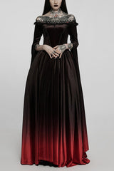 Black/Red Off Shoulder Long Trumpet Sleeves Gradient Lace Women's Gothic Dress - Black/Red - 1