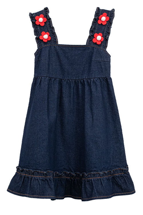 Black Denim Ruffled Strap With Flower Accessories High Waisted Sweet Lolita Strap Dress - Product - 10