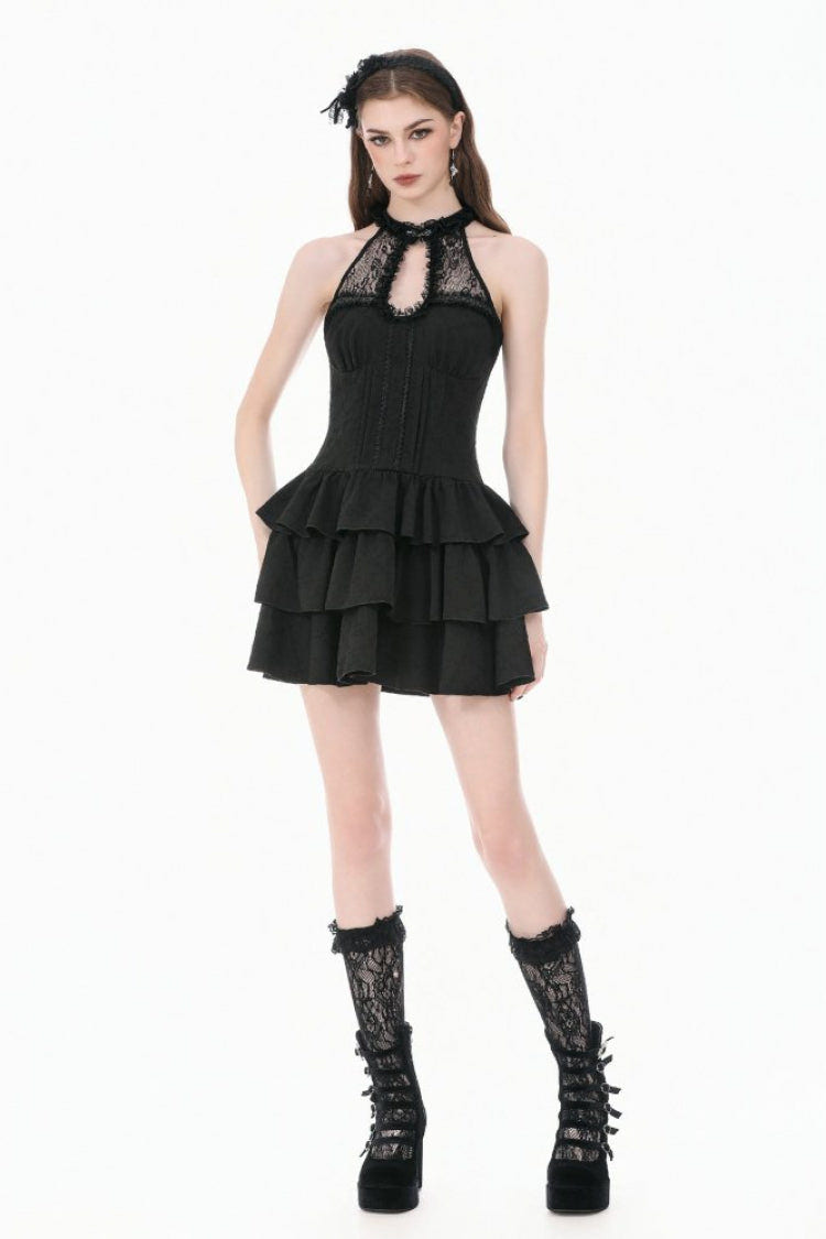 Black Off Shoulder Lace Halterneck Triple-Layered Ruffled Cut-Out Lace-Up Women's Gothic Dress - Product - 9